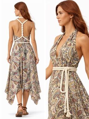 Natural Viscose Greek Goddess Convertible Boho Halter Paisley Adjustable Dress